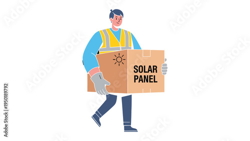 Solar Panel Delivery: A worker is seen carrying a solar panel package, ready to install a green energy resource. 