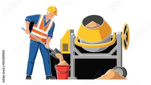 Construction Worker: An illustration of a diligent construction worker using a concrete mixer in a construction site