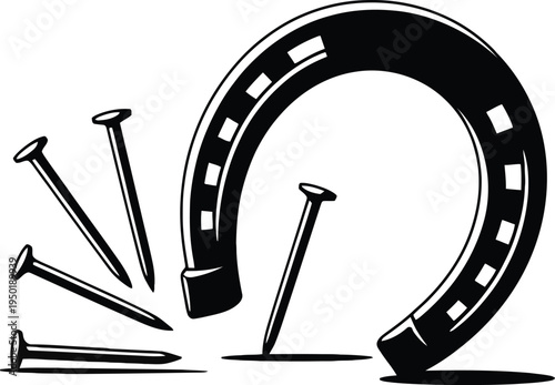 Lucky Horseshoe and Nails Silhouette Illustration on White Background