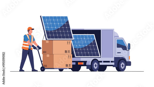 Solar Panel Delivery: A worker transports solar panels, loaded onto a truck, highlighting renewable energy and eco-conscious transport.