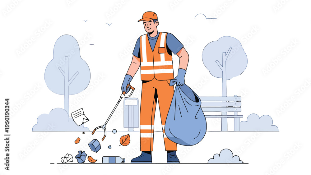 Αυτοκόλλητο Guardian of the Green: A dedicated city worker meticulously gathers refuse, exemplifying environmental stewardship and community care