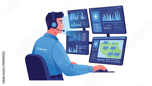 Smart grid technician: A skilled technician, immersed in a futuristic control room, meticulously monitors real-time data from a solar farm using an array of digital screens.