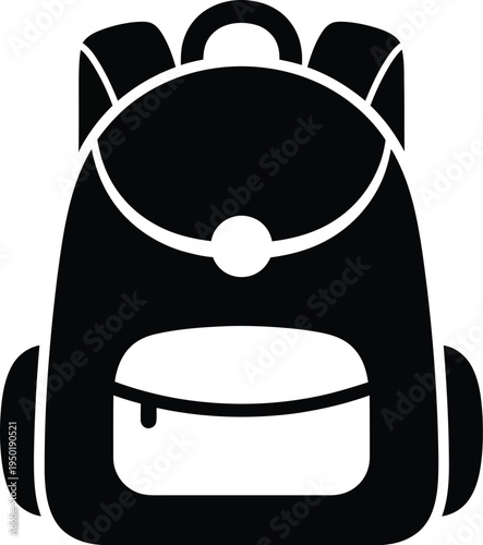 A simple black silhouette icon of a standard school backpack with a top flap and front pocket