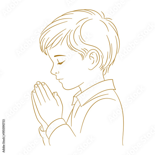 Modlący się chłopiec. Chłopiec ze złożonymi dłońmi w skupieniu modlitwy, ubrany w elegancką koszulę z kołnierzykiem.