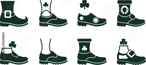 St Patrick’s Day Irish Shoes and Boots Icon Set with Shamrock Vector Silhouettes