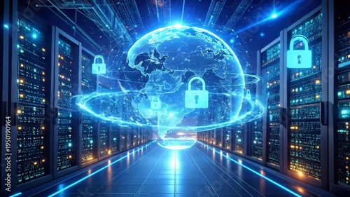 Digital Security Hub: Global Network with Illuminated Server Data Centers