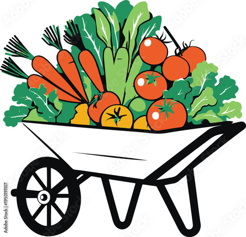 Wheelbarrow full of harvested vegetables, flat vector sticker illustration, bold black outline, minimal shapes, white background