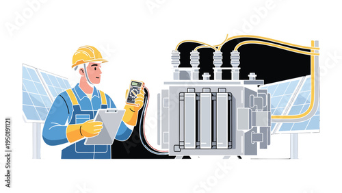 Solar Power Technician's Expertise: An expert technician meticulously examines electrical equipment, ensuring optimal performance of solar energy infrastructure. Focus on sustainability.