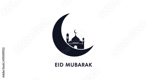 A crescent moon and mosque outline celebrate eid mubarak with a striking silhouette high quality professional