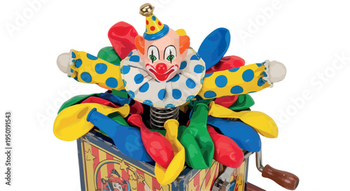 A colorful clown jack-in-the-box with a vibrant polka-dot collar and hat popping out of a decorated box on a plain white background with a playful mood.