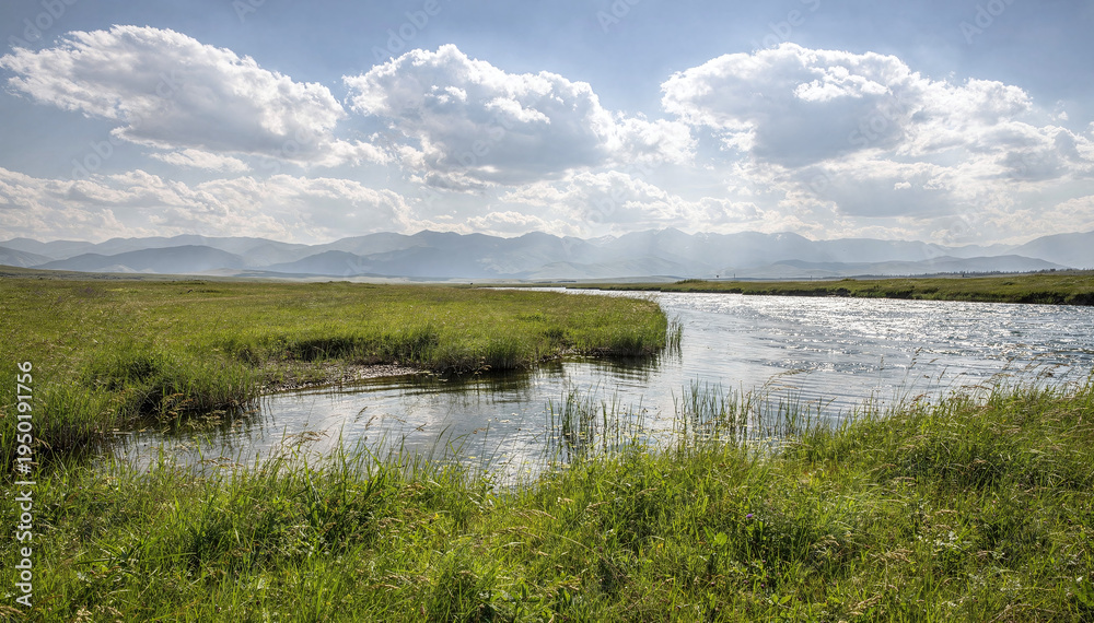 Fototapeta premium Vibrant Lush Green Meadow with Winding River and Distant Mountains