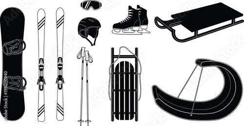 Winter sports equipment vector set, snowboard, skis, sled, ice skates, helmet and goggles, seasonal outdoor recreation gear illustration isolated