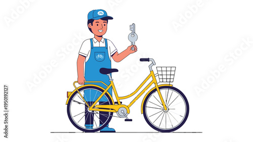 Bike Repair and Key: An illustration showcasing a bike mechanic holding a key next to a bike. The image portrays elements of cycling and service. 