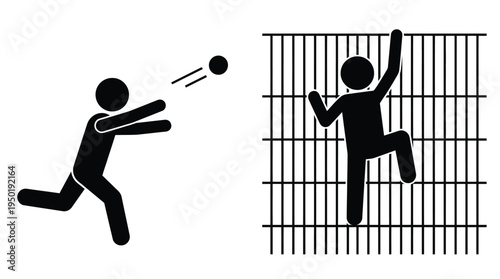 Vector graphic illustration of a person throwing a ball to another person climbing a fence
