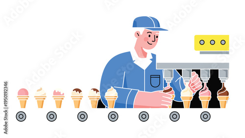 Ice Cream Factory: A diligent factory worker oversees an ice cream production line, ensuring each cone is perfectly crafted and ready to be enjoyed.