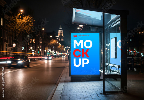 Billboard on a buss-stop at night mockup