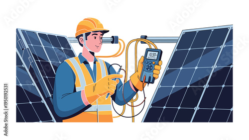 Solar Panel Technician: A skilled technician, clad in safety gear, meticulously inspects solar panels, employing advanced technology to ensure optimal performance of sustainable energy systems.
