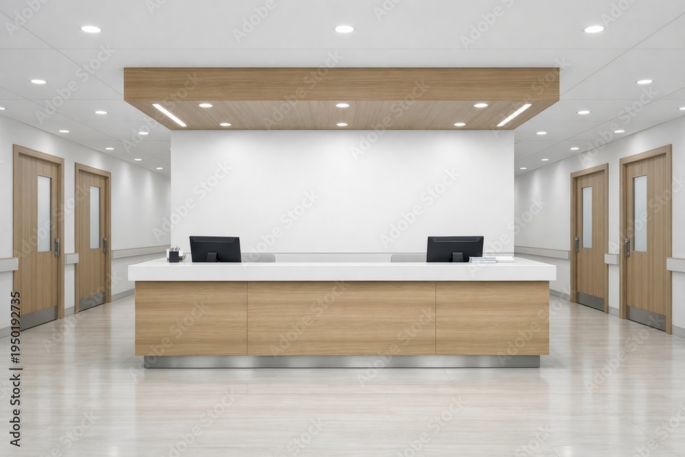 Obraz premium Modern hospital reception desk interior with empty hallway. Ai generative