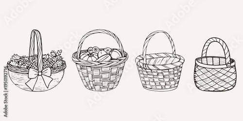 Four intricately sketched baskets with varying contents and decorative styles