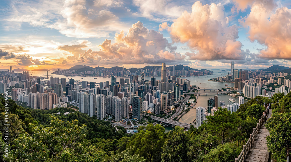 Fototapeta premium Panoramic cityscape view of urban skyline at sunset with skyscrapers and harbor