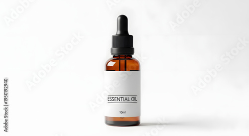 Essential Oil Dropper Bottle: An amber glass dropper bottle of essential oil is presented against a clean backdrop, capturing the essence of natural wellness and aromatic therapy.