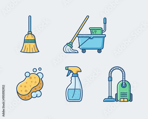 Cleaning tools and supplies icons set.