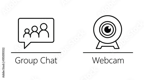 Vector graphic illustration of group chat and webcam icons for online communication and video conferencing