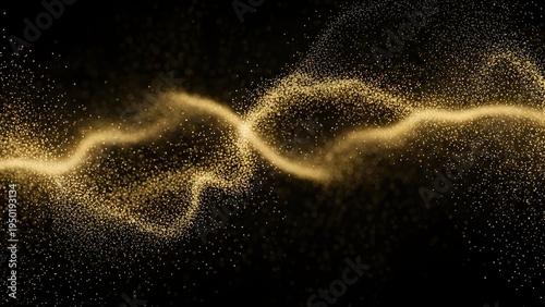 Abstract golden particles flowing in luminous wavy streams against a dark background creating a dynamic and ethereal motion effect