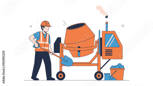 Construction Worker and Concrete Mixer: A dedicated construction worker expertly operates a concrete mixer, embodying skill and dedication on the job site.