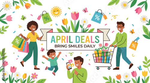 April Deals Promotion with Happy Family Shopping Outdoors