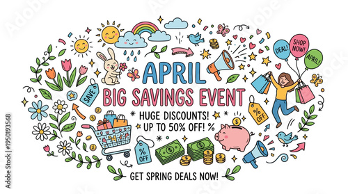 April Big Savings Event Banner with Spring Elements