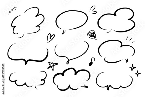 黒いペンで描いたコミック吹き出しと漫符のイラストセット