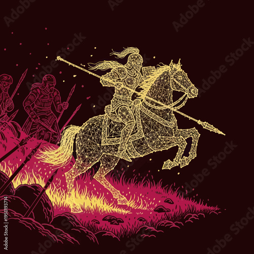 Medieval Knight Riding Horse into Battle.