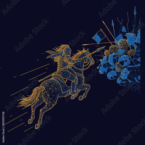 Golden Knight Riding Horse into Battle.