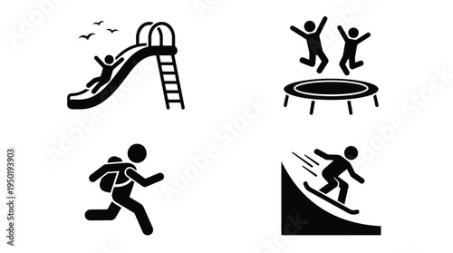 Vector graphic illustration of four stick figures engaging in fun activities like sliding, jumping on a trampoline, running, and snowboarding on a slope