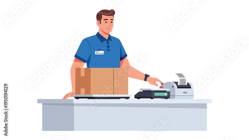 Efficient Package Processing: A postal worker diligently weighs a parcel, preparing it for shipment, highlighting the precision and care essential for smooth logistics.