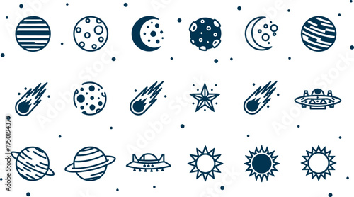 Collection of celestial bodies and space objects isolated on transparent background