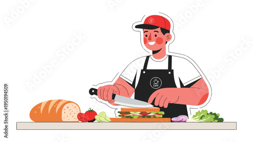Crafting Culinary Delights: An illustration of a chef, meticulously preparing a delicious sandwich. A scene of culinary art and freshness, with focus on food and creative.