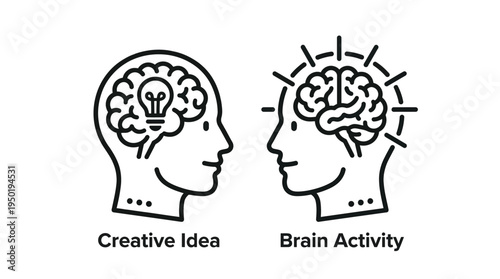 Vector graphic illustration of two human heads with creative idea and brain activity concepts
