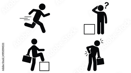 Stylized vector graphic illustrations depict people climbing steps in various poses and actions, conveying emotions and movements.