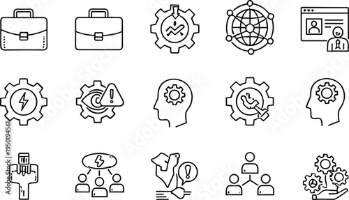 Business management and teamwork line icons set, briefcase communication automation networking strategy analytics corporate workflow outline vector collection
