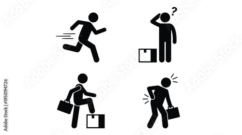 Vector graphic illustration of stick figures depicting various actions and emotions in a business setting with briefcases and question marks