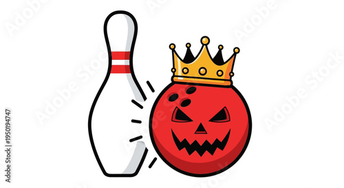 Vector Halloween Bowling Illustration – Red Crowned Bowling Ball Champion with Skittle