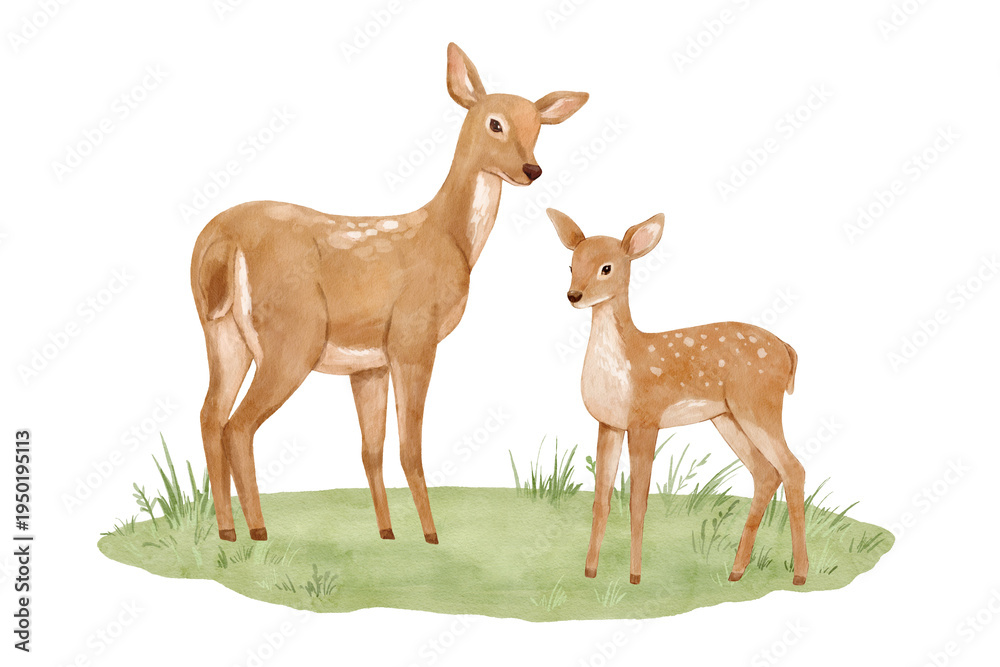 Naklejka premium Watercolour forest mother deer and baby on grass. Nature clipart featuring woodland animals for cards and nursery posters. Hand drawn isolated illustration