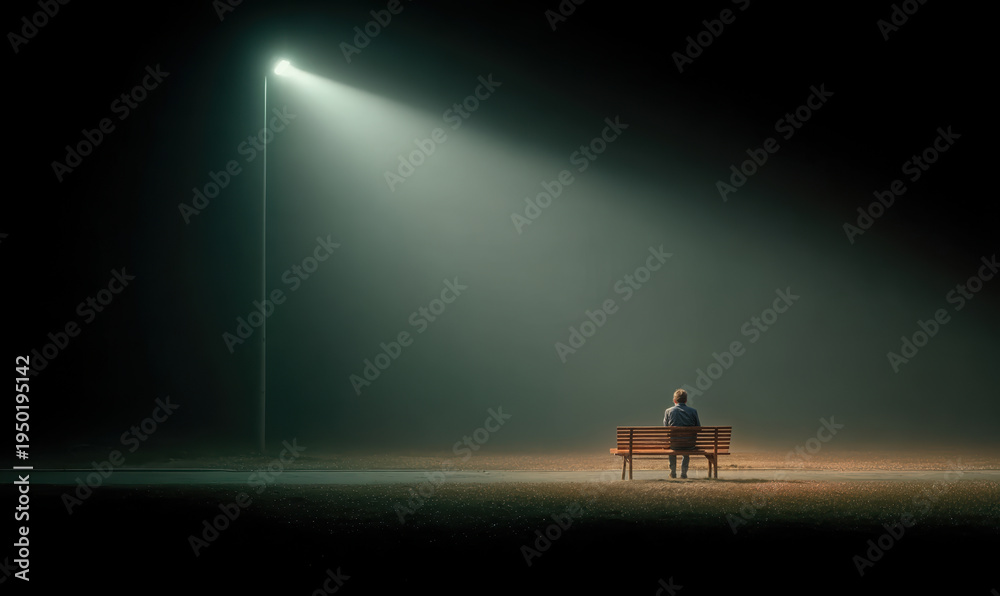 Fototapeta premium Solitary person sitting on park bench illuminated by single streetlight in dark empty space conveying loneliness isolation and social disconnection