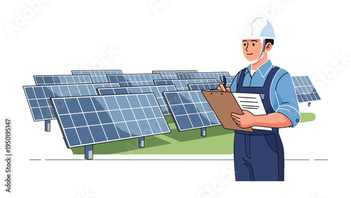 Solar Panel Technician: An technician, clad in a safety helmet and work uniform, meticulously inspects and documents a vast array of solar panels at a renewable energy site.