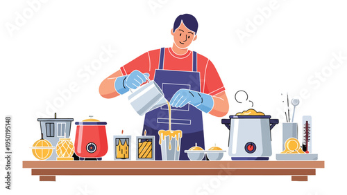 Candle Crafting Process: A skilled artisan meticulously pours wax into a candle mold. with detailed equipment.