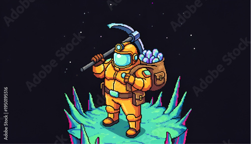 Pixel Art Space Miner Astronaut Carrying Crystals on Alien Planet