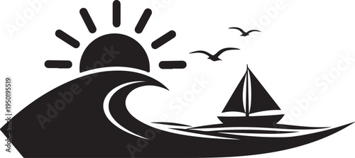 A black and white image of a sailboat on a wave