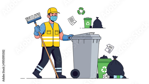 Waste Management and Environmental Responsibility: An essential waste management worker, meticulously tending to a recycle bin. With a broom in hand, he diligently clears litter and debris.